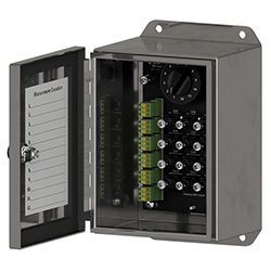 A render of a CTC SB252 stainless steel switch box shown with front lid unlatched.